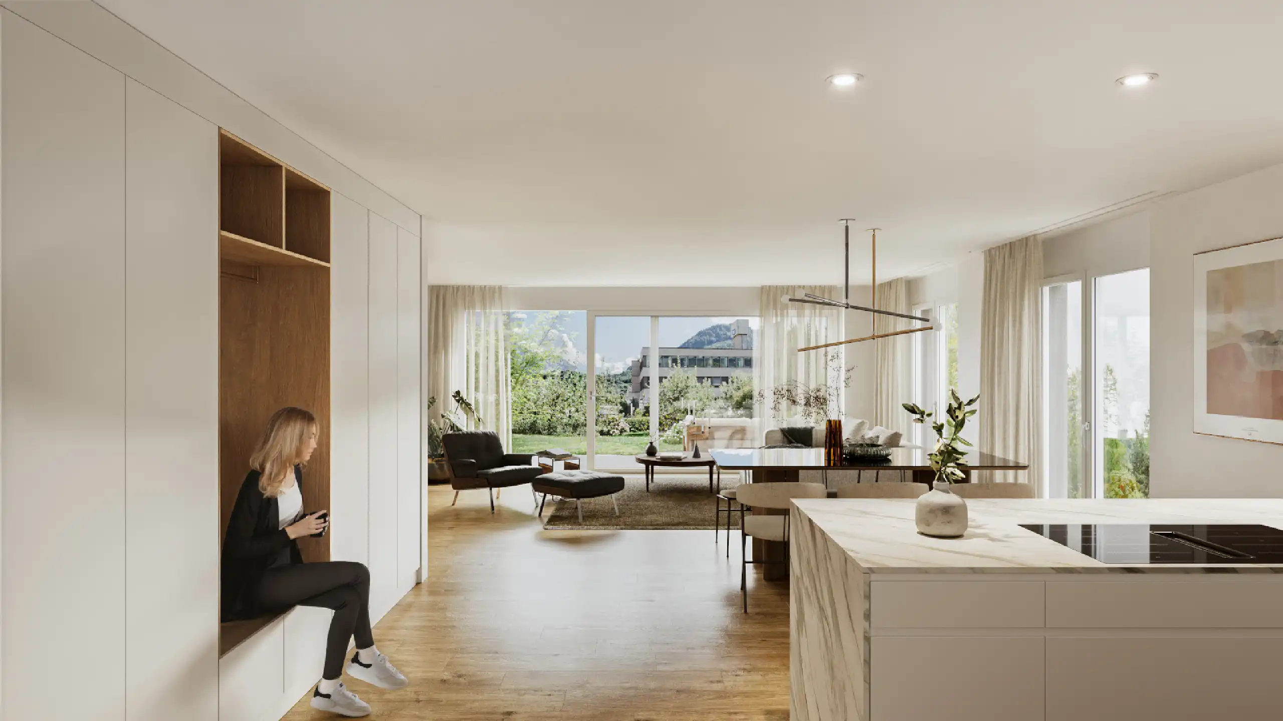 Moderne Wohnküche mit offener Gestaltung, Holzfußboden und großen Fenstern, lichtdurchflutetem Raum und eleganten Möbeln.